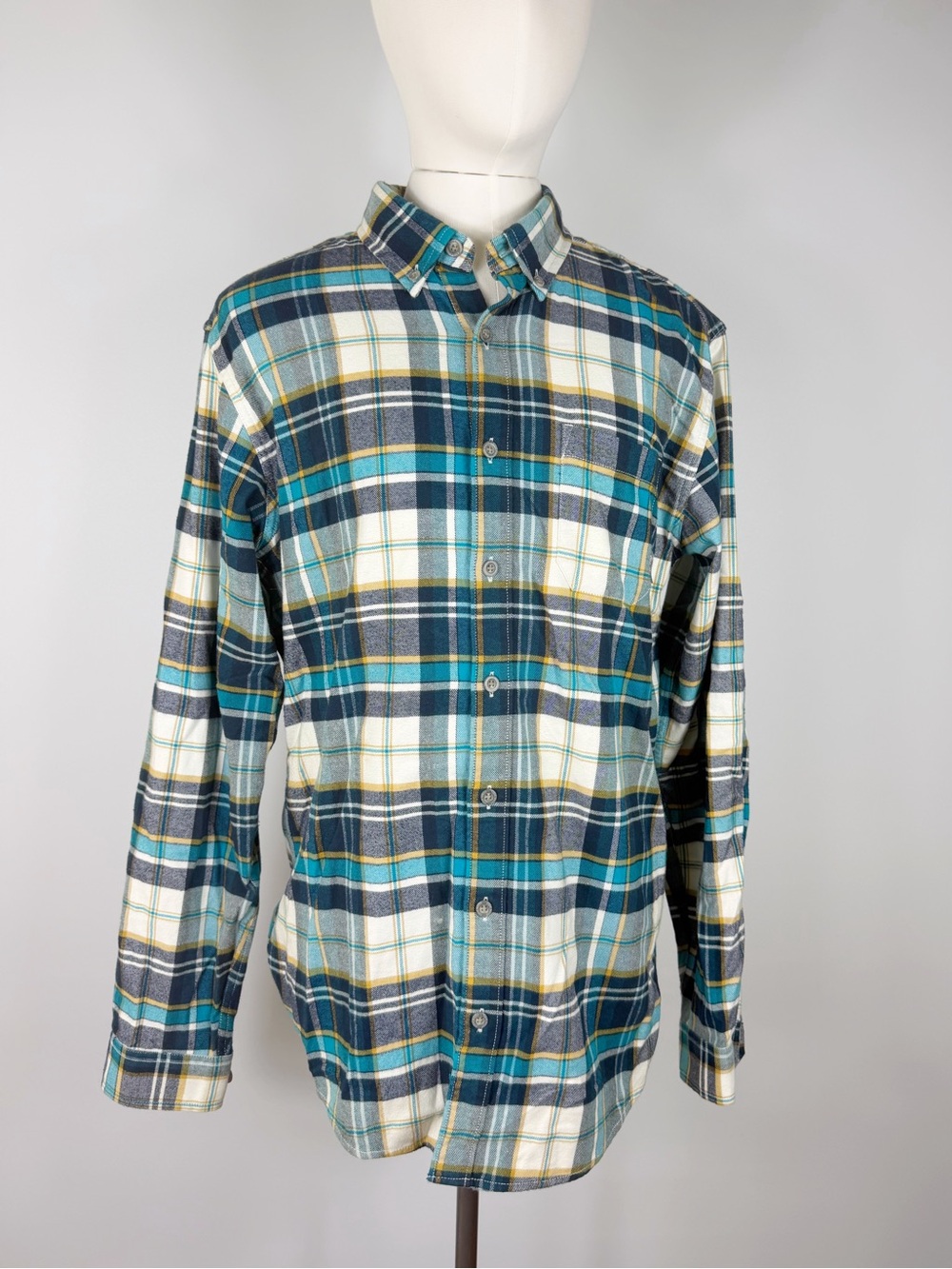 Eddie Bauer Teal, Navy & White Plaid Button-Down Shirt TL slim fit long sleeve